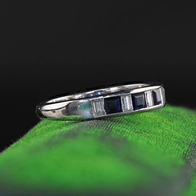 Estate 18K White Gold Baguette Diamond and Sapphire Wedding Band Ring