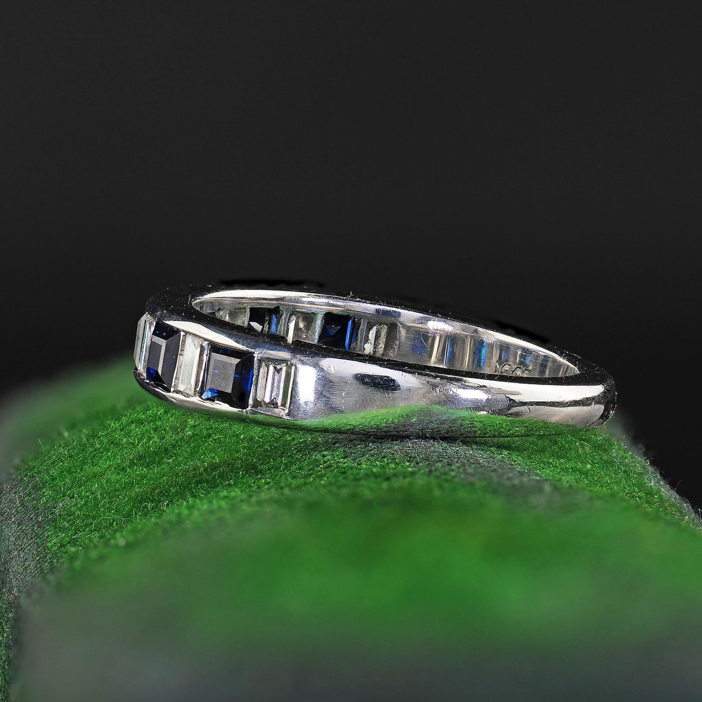 Estate 18K White Gold Baguette Diamond and Sapphire Wedding Band Ring