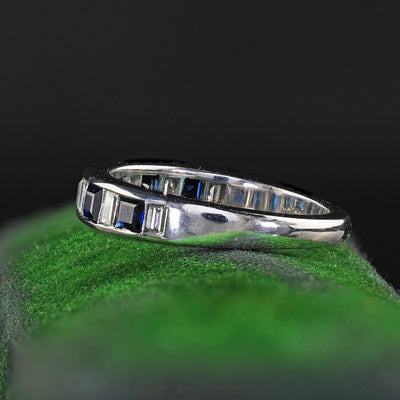 Estate 18K White Gold Baguette Diamond and Sapphire Wedding Band Ring
