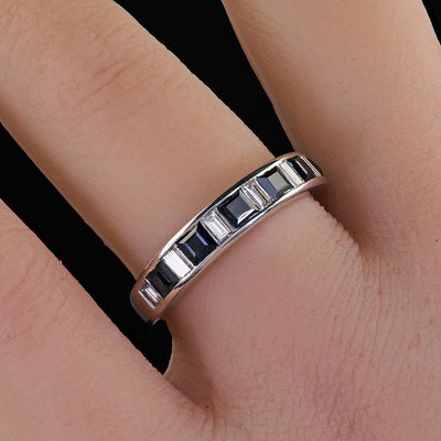 Estate 18K White Gold Baguette Diamond and Sapphire Wedding Band Ring
