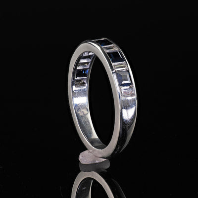 Estate 18K White Gold Baguette Diamond and Sapphire Wedding Band Ring
