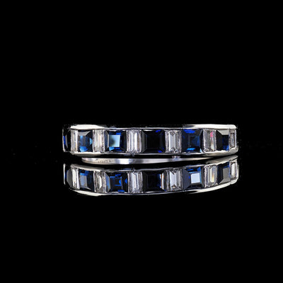 Estate 18K White Gold Baguette Diamond and Sapphire Wedding Band Ring
