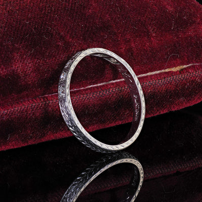 Antique Art Deco Platinum Single Cut Diamond Engraved Wedding Band - Size 8 1/4