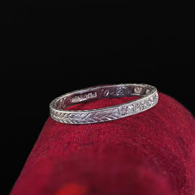 Antique Art Deco Platinum Single Cut Diamond Engraved Wedding Band - Size 8 1/4