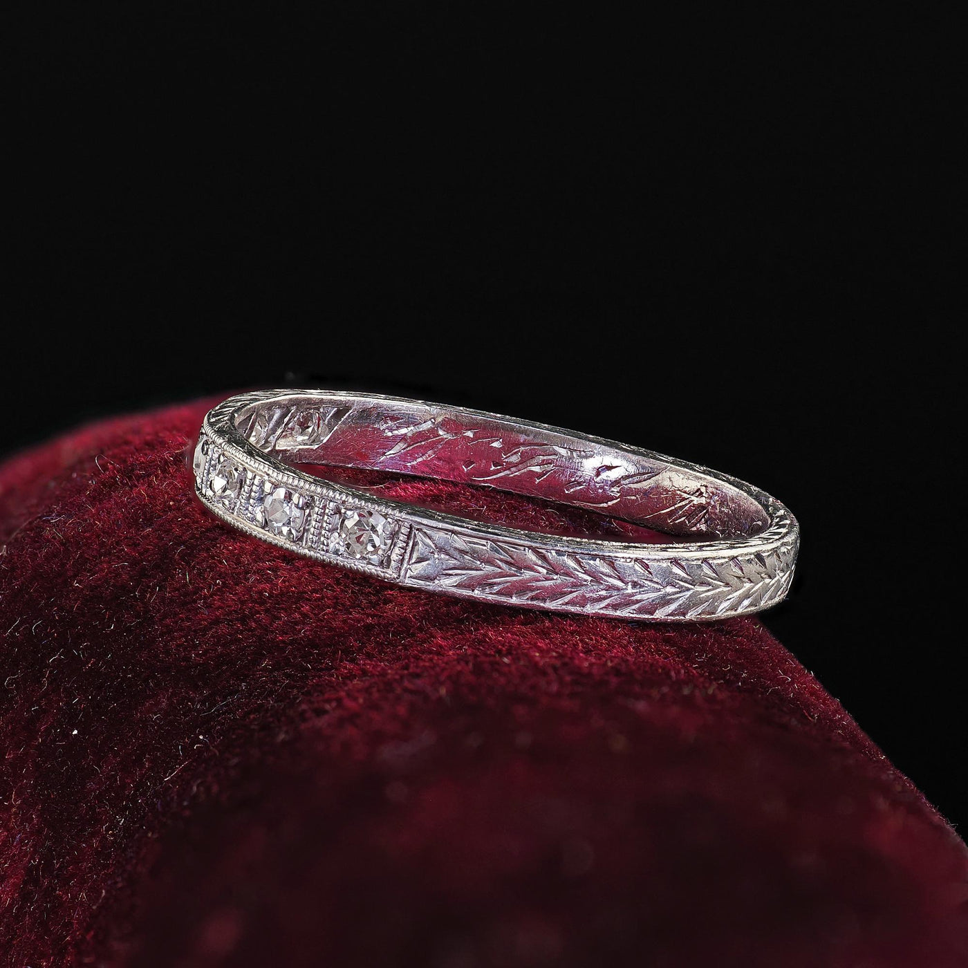 Antique Art Deco Platinum Single Cut Diamond Engraved Wedding Band - Size 8 1/4