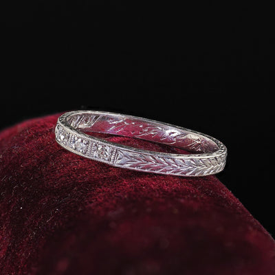 Antique Art Deco Platinum Single Cut Diamond Engraved Wedding Band - Size 8 1/4