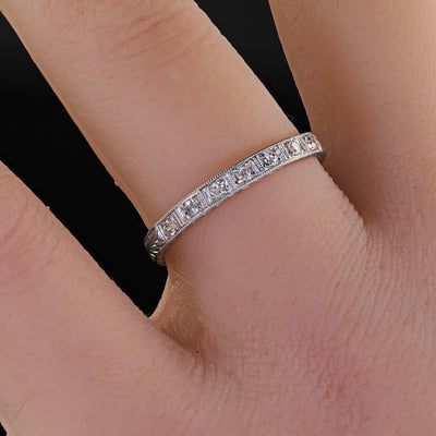 Antique Art Deco Platinum Single Cut Diamond Engraved Wedding Band - Size 8 1/4