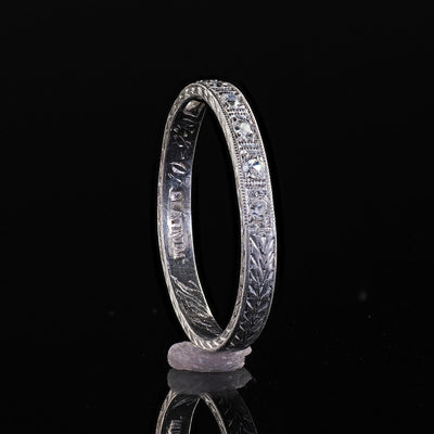 Antique Art Deco Platinum Single Cut Diamond Engraved Wedding Band - Size 8 1/4