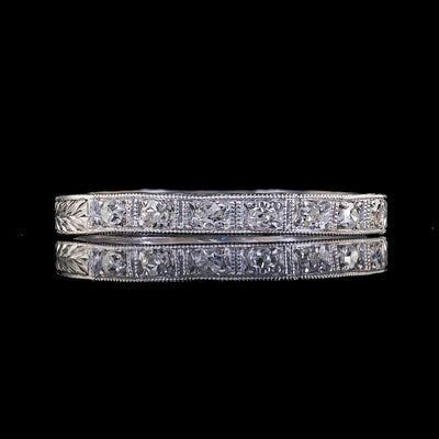 Antique Art Deco Platinum Single Cut Diamond Engraved Wedding Band - Size 8 1/4