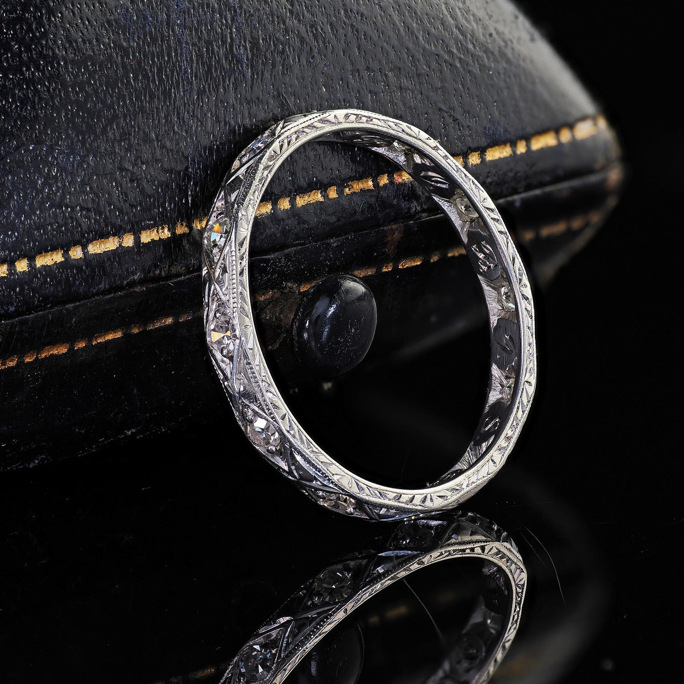 Antique Art Deco Platinum Single Cut Diamond Engraved Eternity Band - Size 6