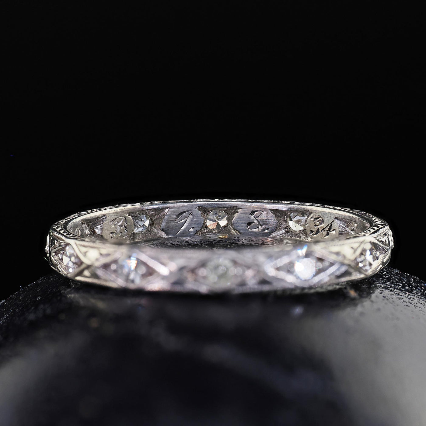 Antique Art Deco Platinum Single Cut Diamond Engraved Eternity Band - Size 6
