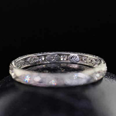 Antique Art Deco Platinum Single Cut Diamond Engraved Eternity Band - Size 6