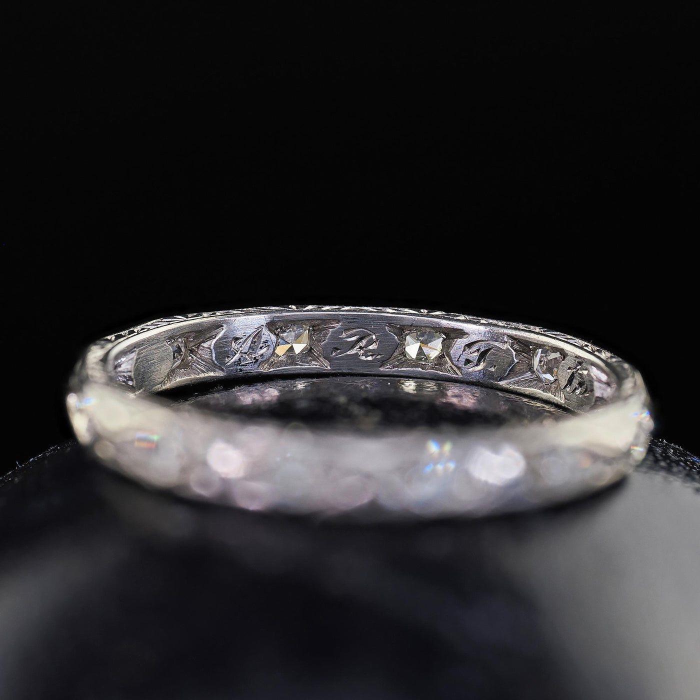 Antique Art Deco Platinum Single Cut Diamond Engraved Eternity Band - Size 6
