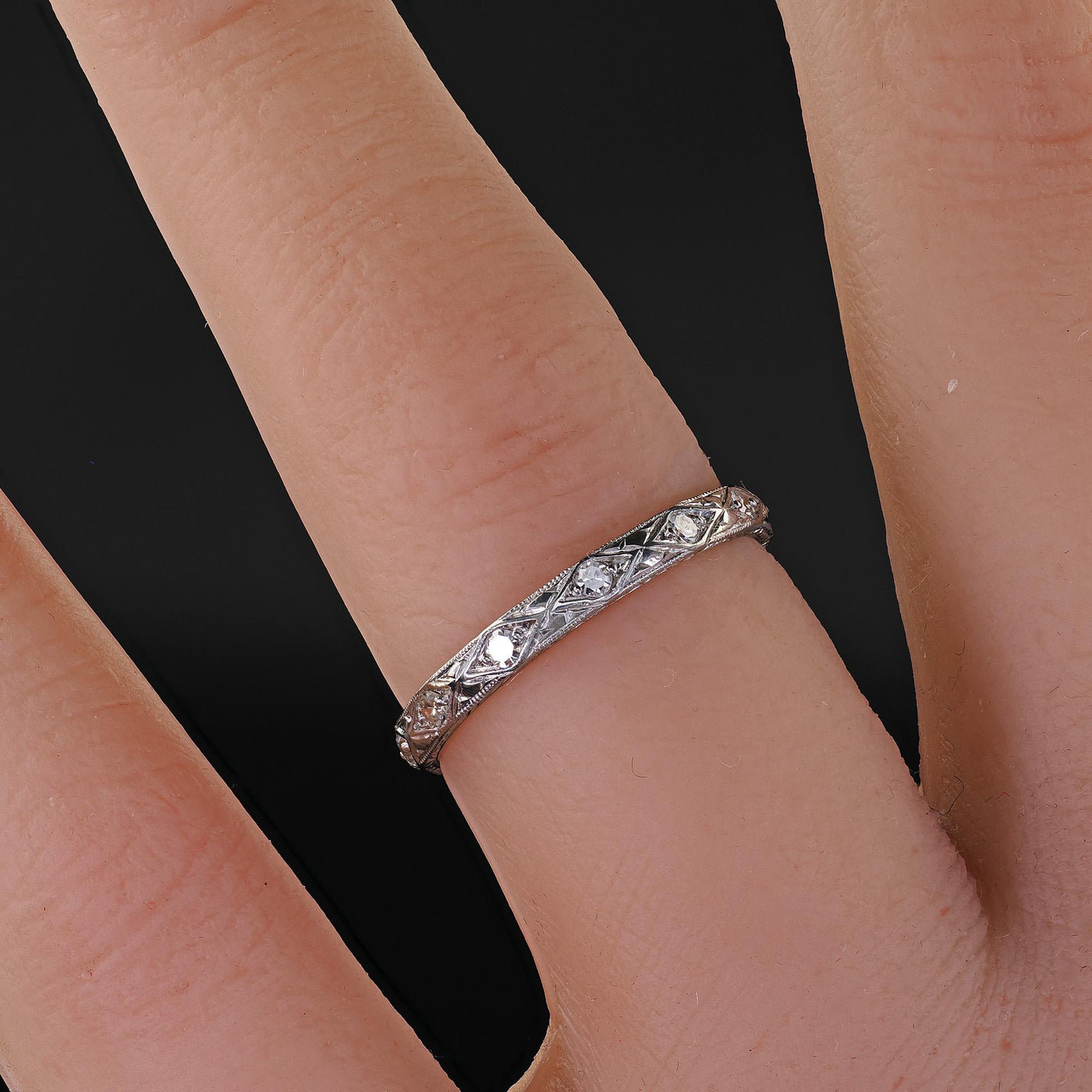 Antique Art Deco Platinum Single Cut Diamond Engraved Eternity Band - Size 6