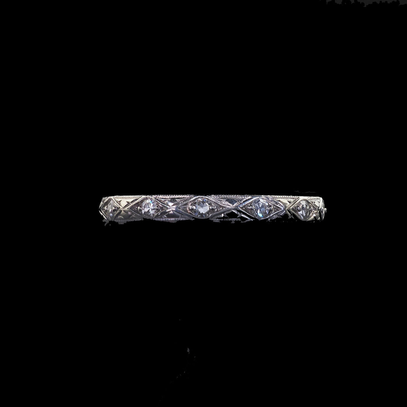 Antique Art Deco Platinum Single Cut Diamond Engraved Eternity Band - Size 6