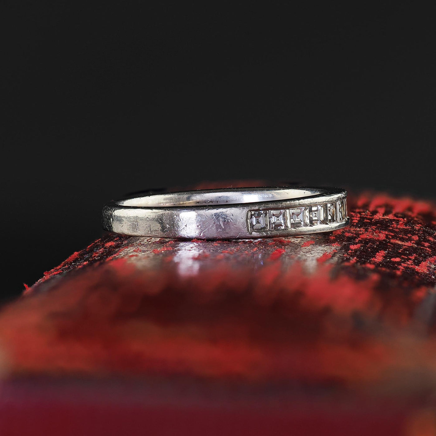 Vintage Estate Platinum Carre Cut Diamond Half Eternity Band Ring - Size 5 1/2