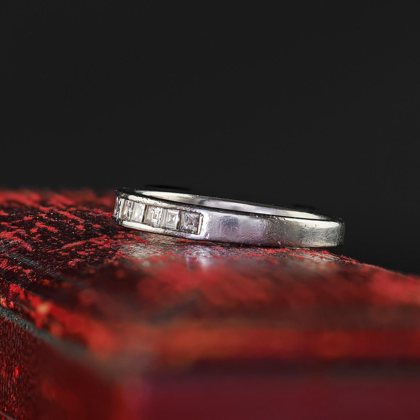 Vintage Estate Platinum Carre Cut Diamond Half Eternity Band Ring - Size 5 1/2