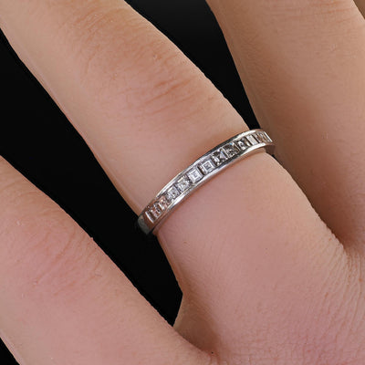 Vintage Estate Platinum Carre Cut Diamond Half Eternity Band Ring - Size 5 1/2