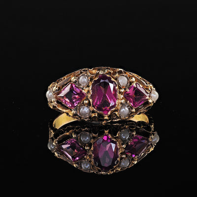 Antique Victorian English 15K Yellow Gold Rhodolite Garnet Pearl Engraved Ring