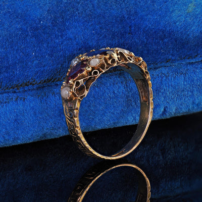 Antique Victorian English 15K Yellow Gold Rhodolite Garnet Pearl Engraved Ring
