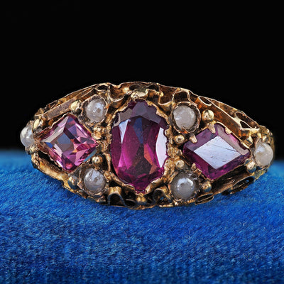 Antique Victorian English 15K Yellow Gold Rhodolite Garnet Pearl Engraved Ring