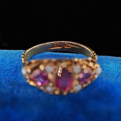 Antique Victorian English 15K Yellow Gold Rhodolite Garnet Pearl Engraved Ring