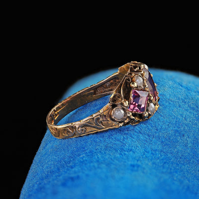 Antique Victorian English 15K Yellow Gold Rhodolite Garnet Pearl Engraved Ring