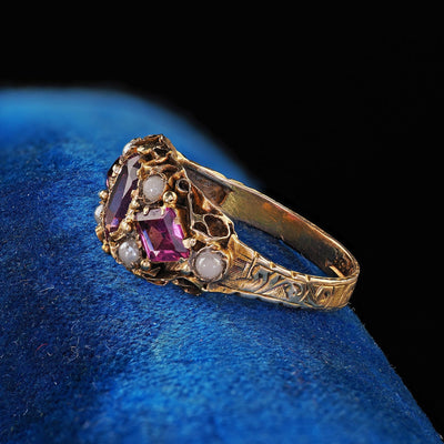 Antique Victorian English 15K Yellow Gold Rhodolite Garnet Pearl Engraved Ring