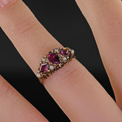 Antique Victorian English 15K Yellow Gold Rhodolite Garnet Pearl Engraved Ring