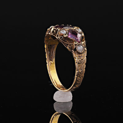 Antique Victorian English 15K Yellow Gold Rhodolite Garnet Pearl Engraved Ring