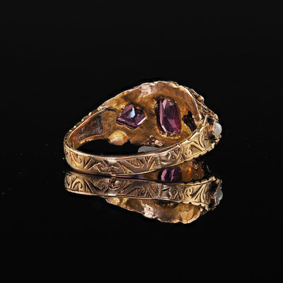 Antique Victorian English 15K Yellow Gold Rhodolite Garnet Pearl Engraved Ring