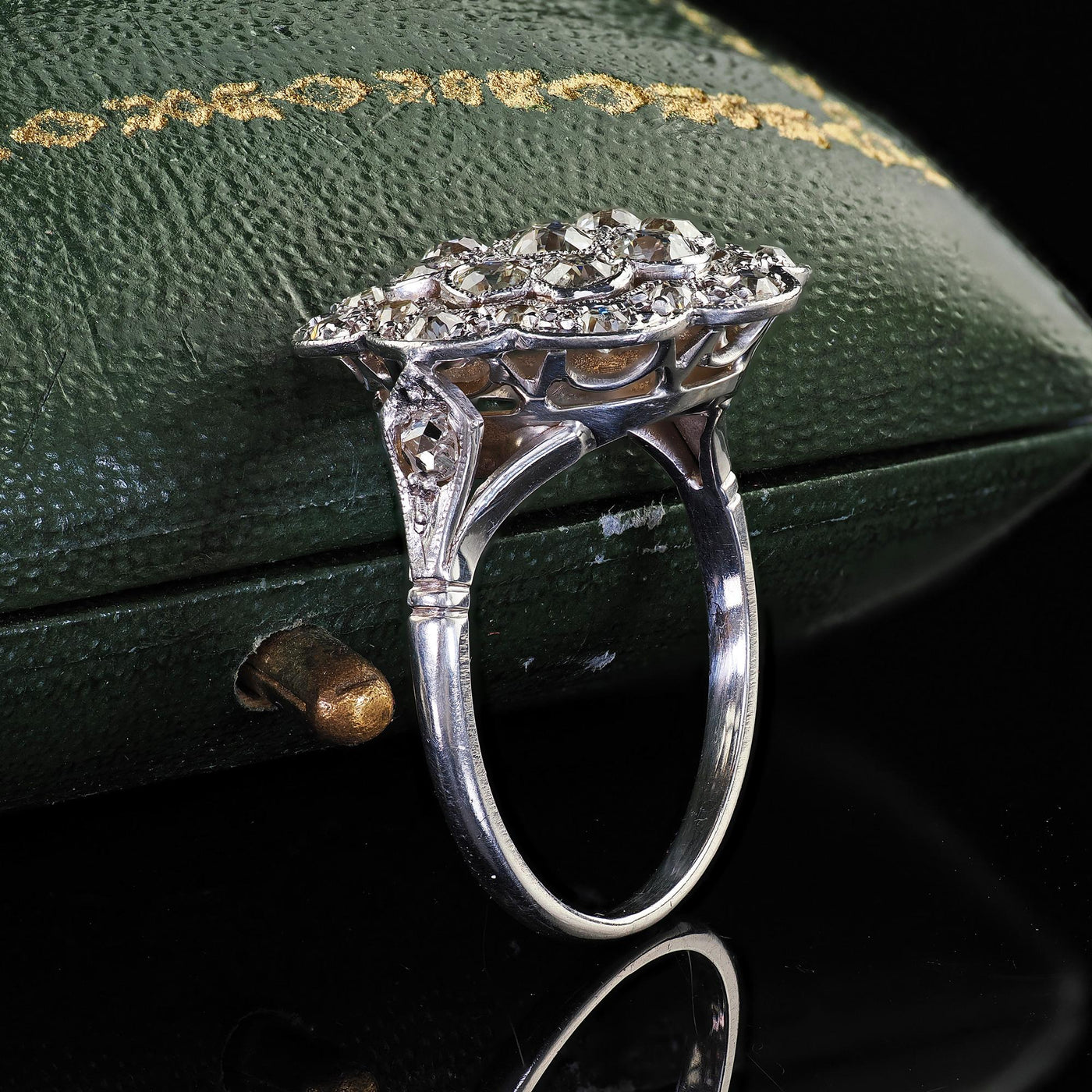 Antique Art Deco 18K White Gold and Platinum Old Euro Diamond Floral Ring