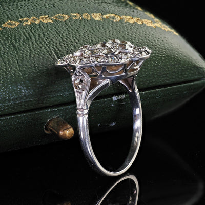 Antique Art Deco 18K White Gold and Platinum Old Euro Diamond Floral Ring