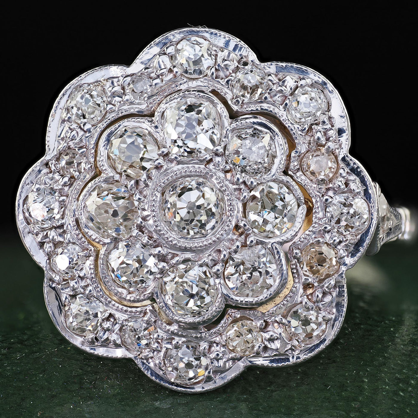 Antique Art Deco 18K White Gold and Platinum Old Euro Diamond Floral Ring