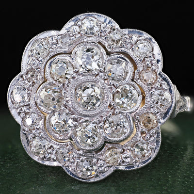 Antique Art Deco 18K White Gold and Platinum Old Euro Diamond Floral Ring