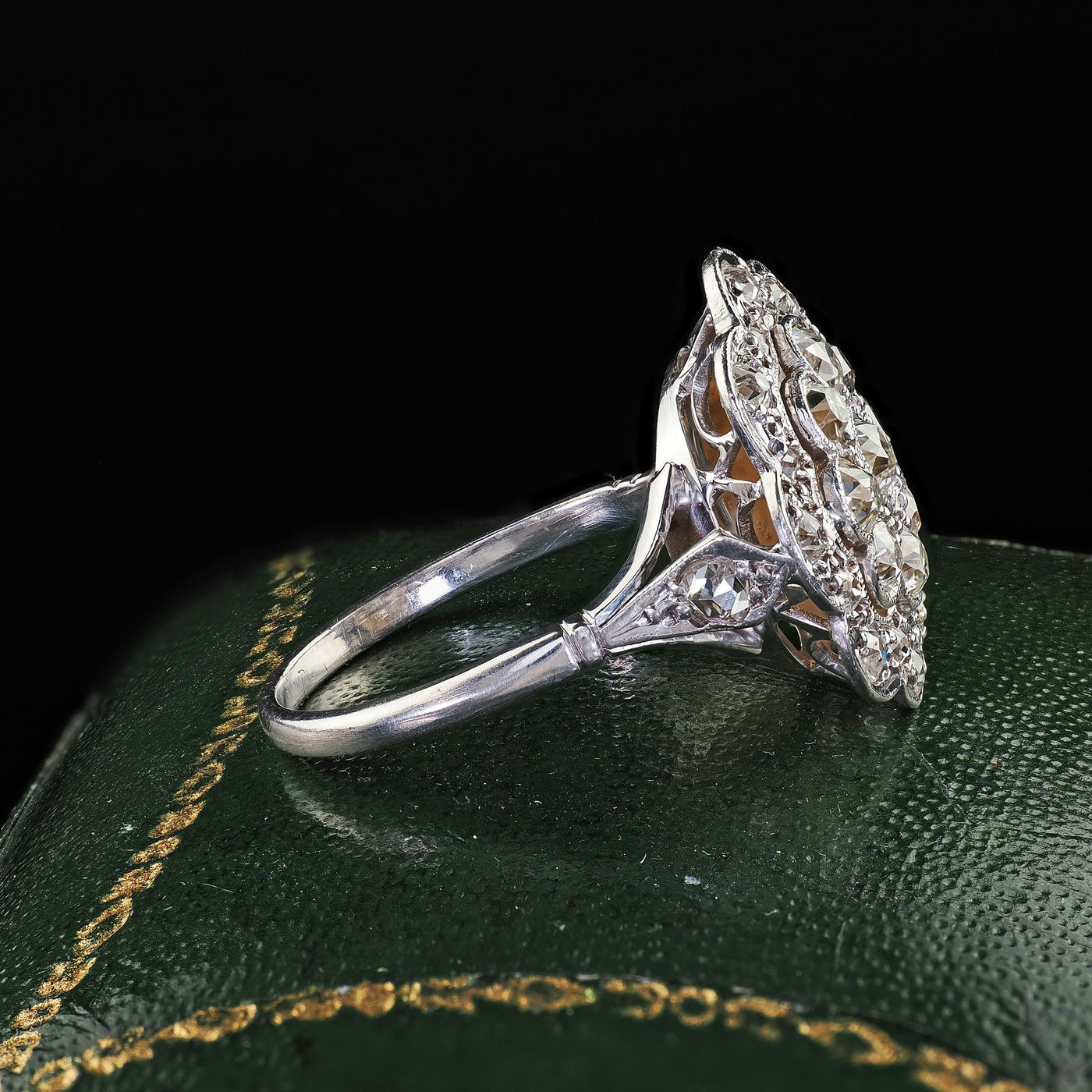 Antique Art Deco 18K White Gold and Platinum Old Euro Diamond Floral Ring