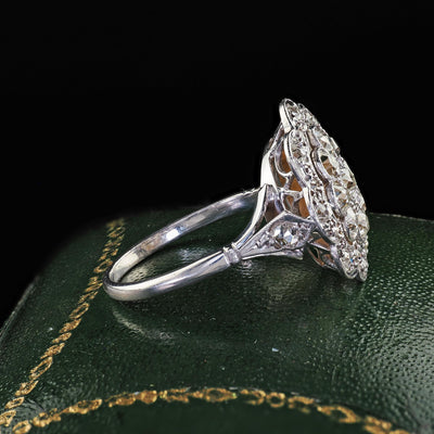 Antique Art Deco 18K White Gold and Platinum Old Euro Diamond Floral Ring