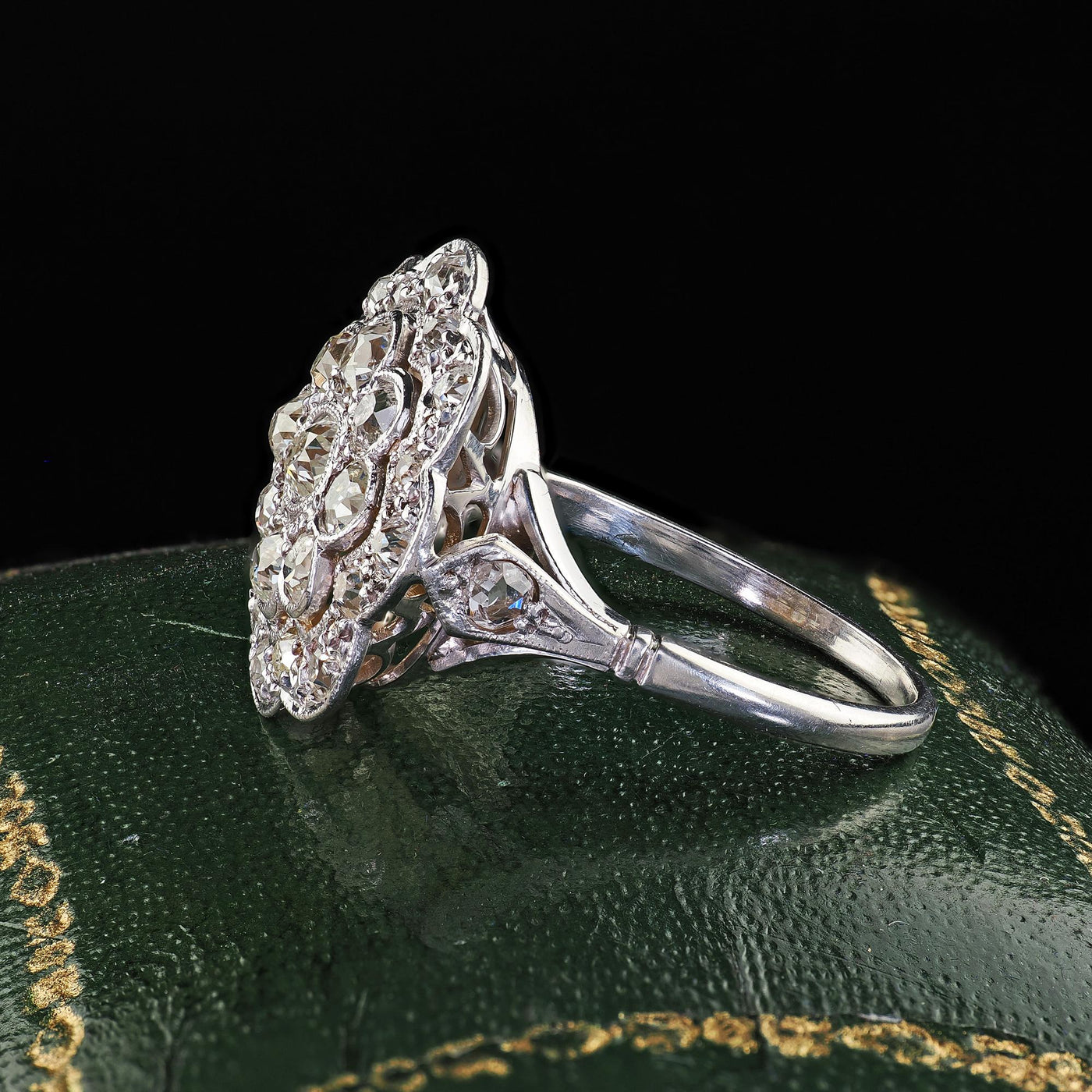 Antique Art Deco 18K White Gold and Platinum Old Euro Diamond Floral Ring
