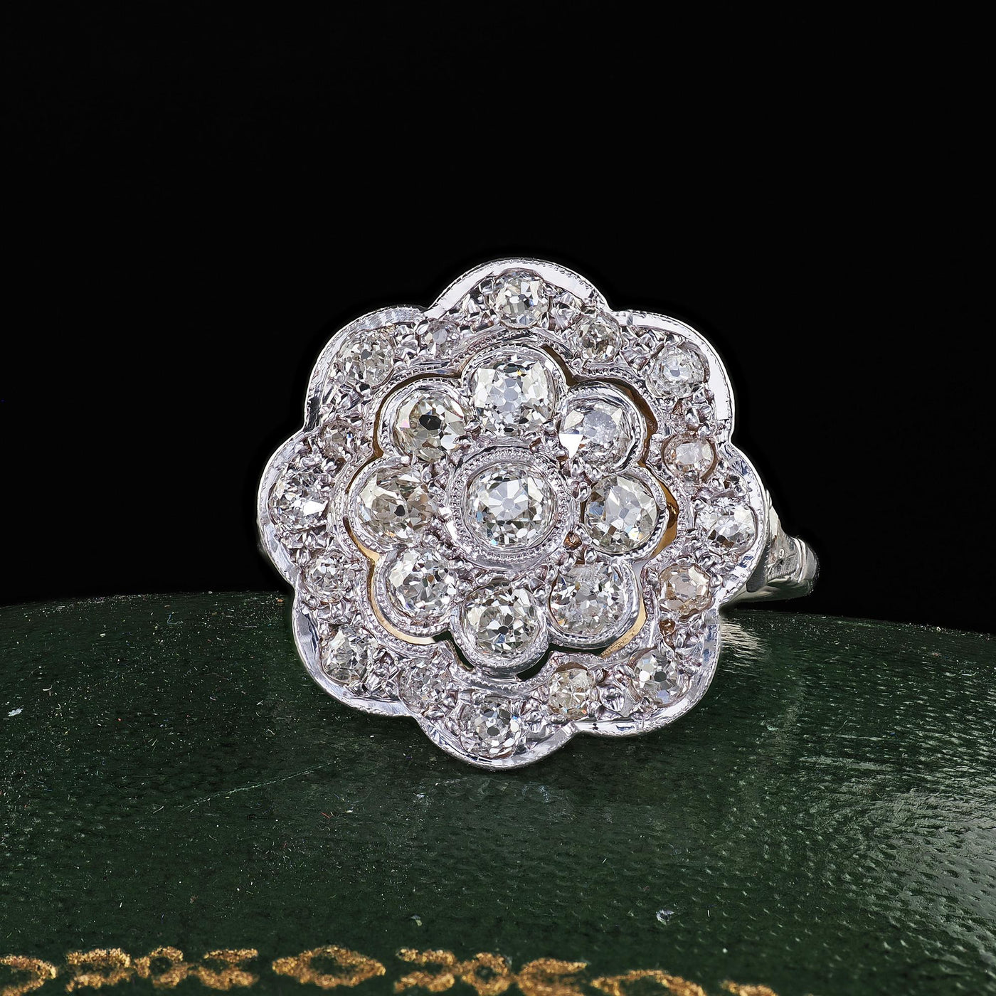 Antique Art Deco 18K White Gold and Platinum Old Euro Diamond Floral Ring