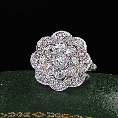 Antique Art Deco 18K White Gold and Platinum Old Euro Diamond Floral Ring
