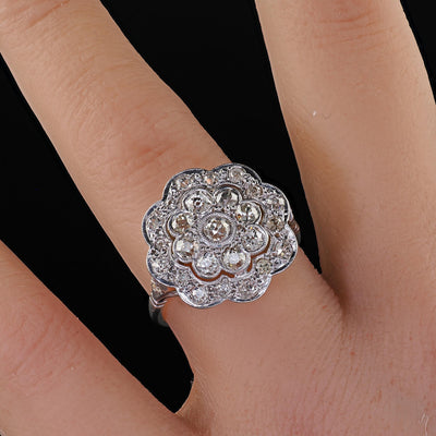 Antique Art Deco 18K White Gold and Platinum Old Euro Diamond Floral Ring