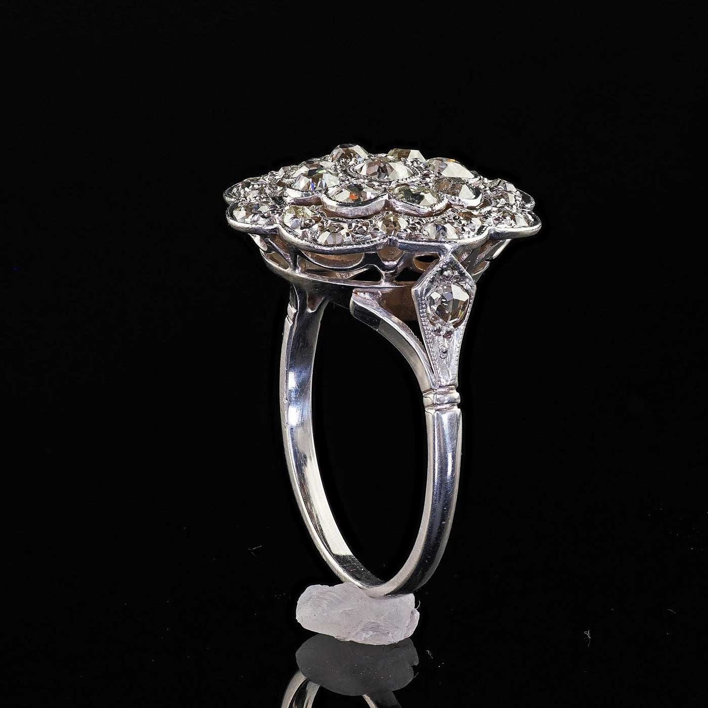 Antique Art Deco 18K White Gold and Platinum Old Euro Diamond Floral Ring