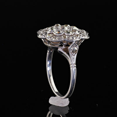 Antique Art Deco 18K White Gold and Platinum Old Euro Diamond Floral Ring