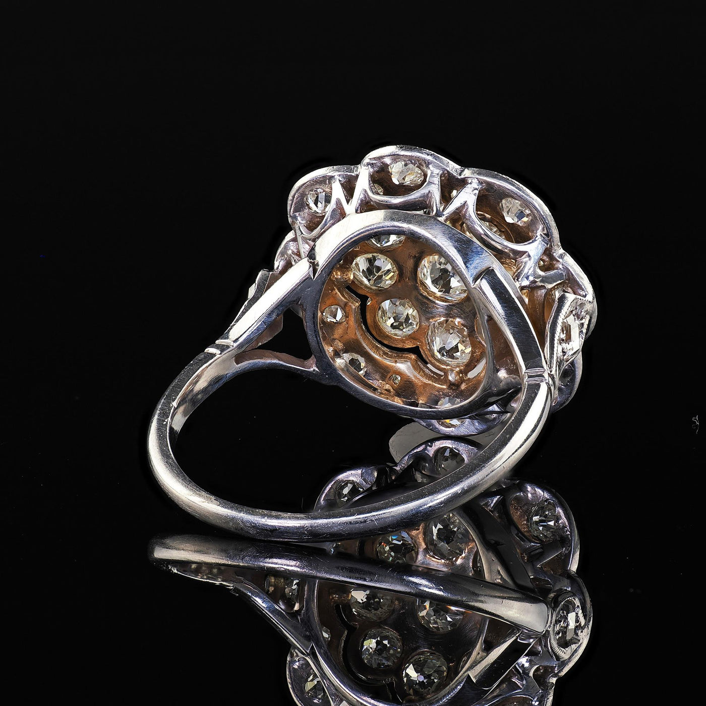 Antique Art Deco 18K White Gold and Platinum Old Euro Diamond Floral Ring