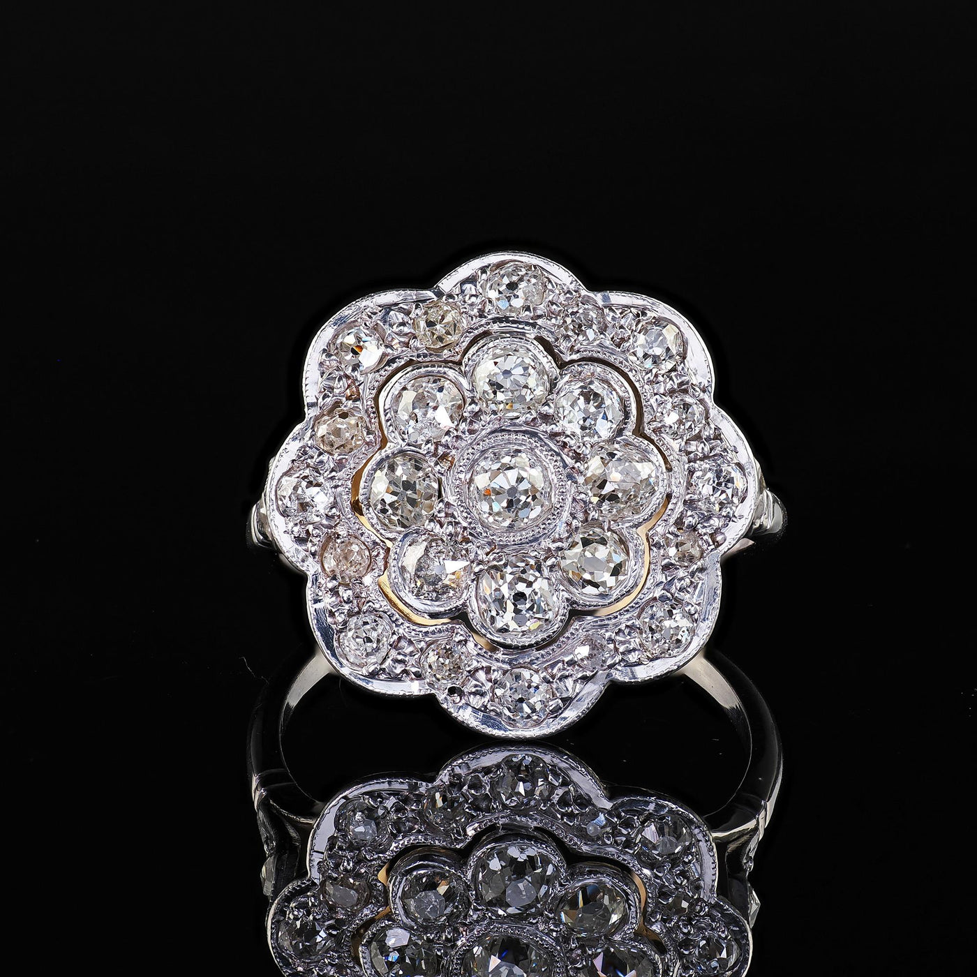 Antique Art Deco 18K White Gold and Platinum Old Euro Diamond Floral Ring