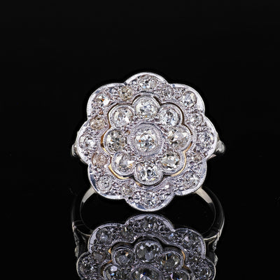 Antique Art Deco 18K White Gold and Platinum Old Euro Diamond Floral Ring