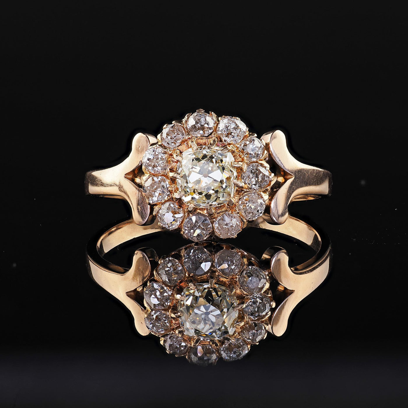 Antique Victorian 14K Yellow Gold Old Mine Diamond Cluster Engagement Ring