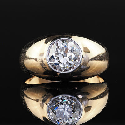 Vintage Retro 14K Yellow Gold Old Cut Diamond Flush Set Engagement Ring - GIA