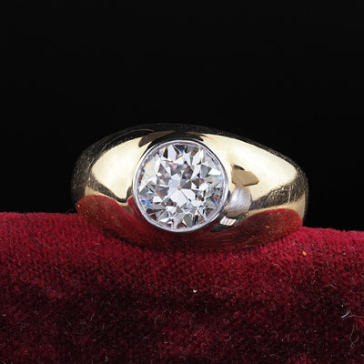 Vintage Retro 14K Yellow Gold Old Cut Diamond Flush Set Engagement Ring - GIA