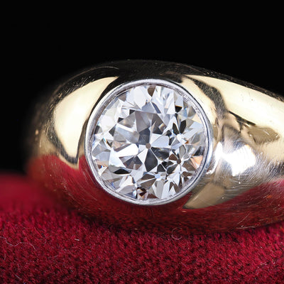 Vintage Retro 14K Yellow Gold Old Cut Diamond Flush Set Engagement Ring - GIA